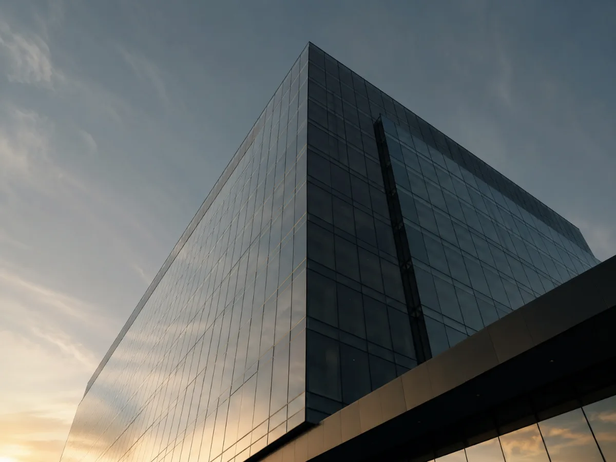 Fachada de vidro de um edifício corporativo ao entardecer